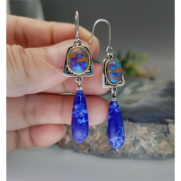 Beautiful Faux Lapis Lazuli Blue Stone Teardrop Dangle Earrings Silver Tone Hook - Picture 5 of 10
